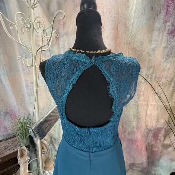 📌Azazie Lace Ink Blue Chiffon Formal - Bridesmaid Dress with Keyhole Backside - Picture 9 of 16